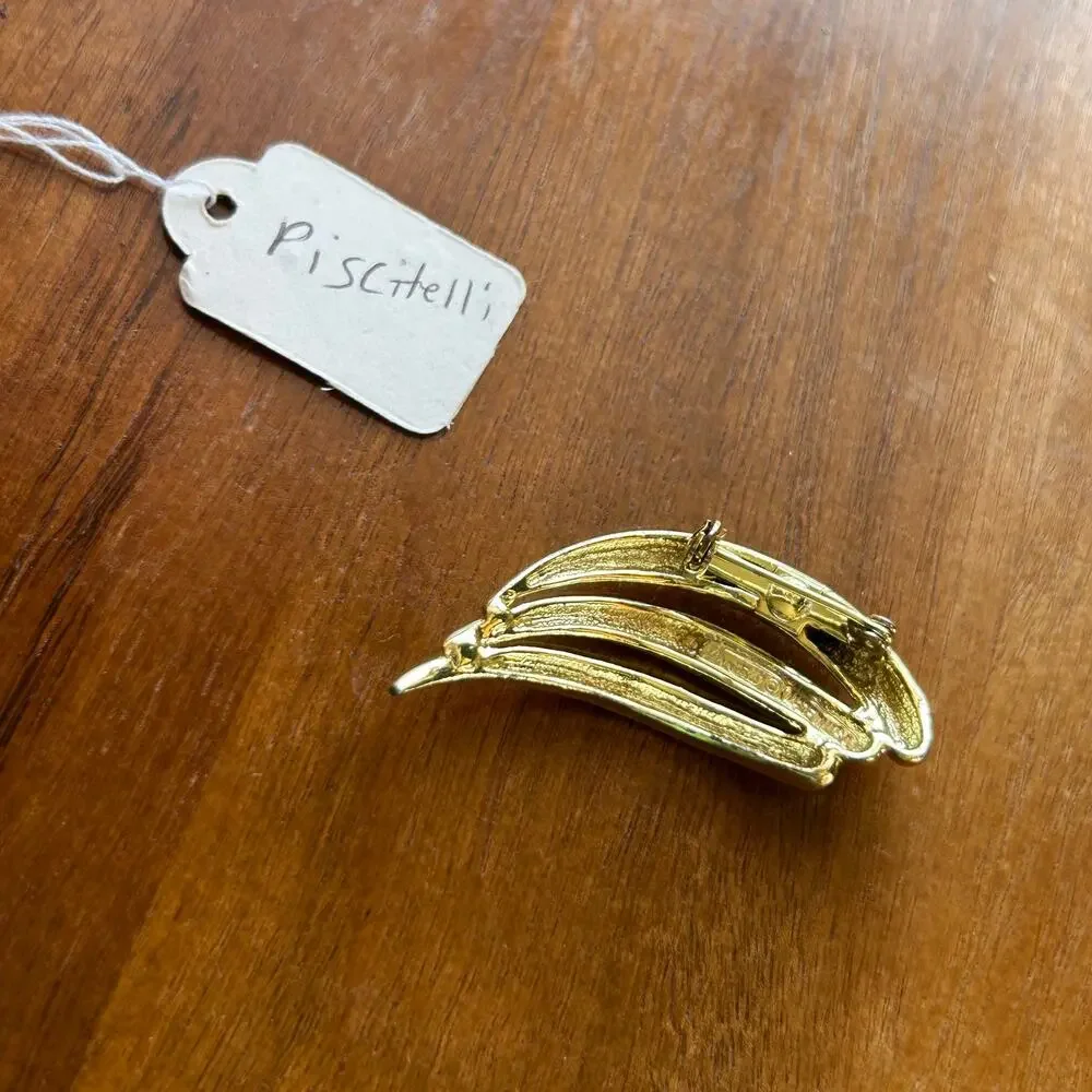 Vintage Piscitelli Signed Gold Tone Swish Brooch | Triple Arch Modernist Pin